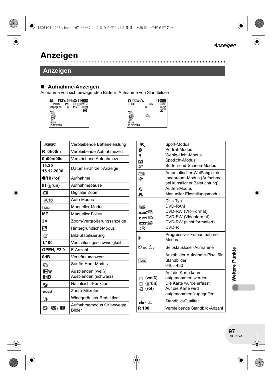 Anzeigen, Aufnahme-anzeigen | Panasonic VDRD152EG User Manual | Page 97 / 232