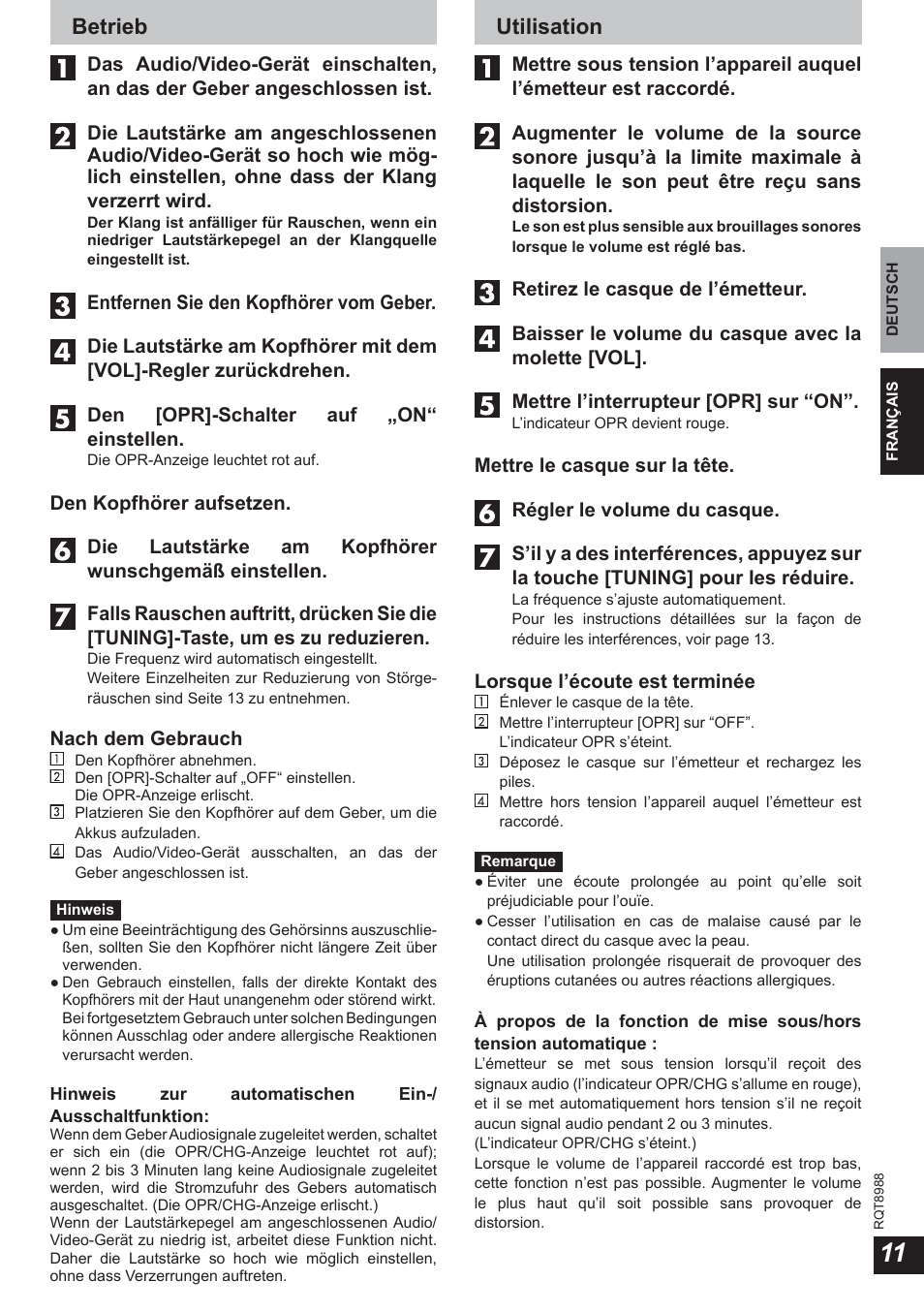 Betrieb, Utilisation | Panasonic RPWF940 User Manual | Page 11 / 80