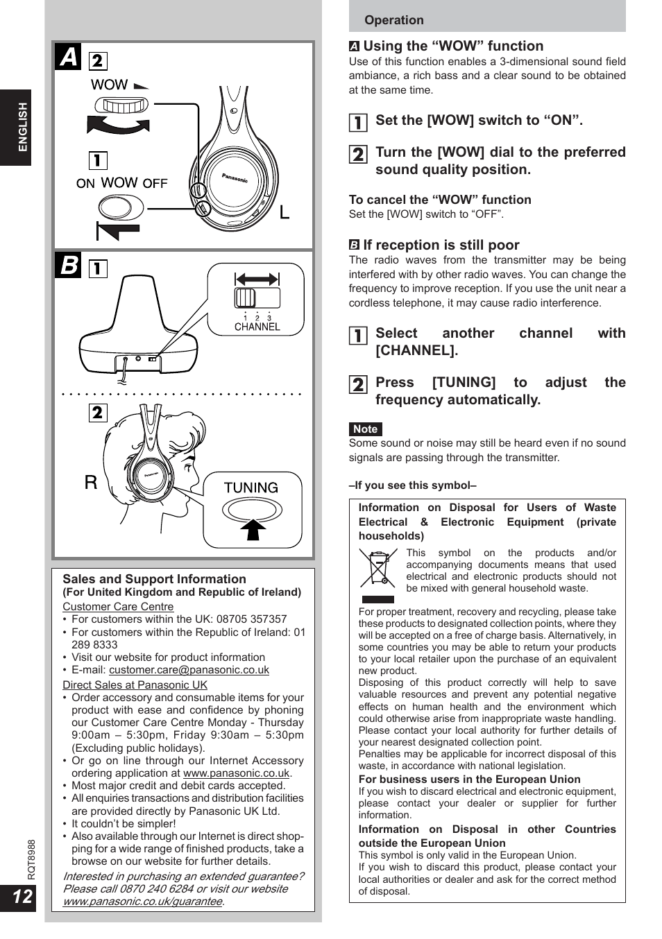 Using the “wow” function, If reception is still poor | Panasonic RPWF940 User Manual | Page 12 / 80