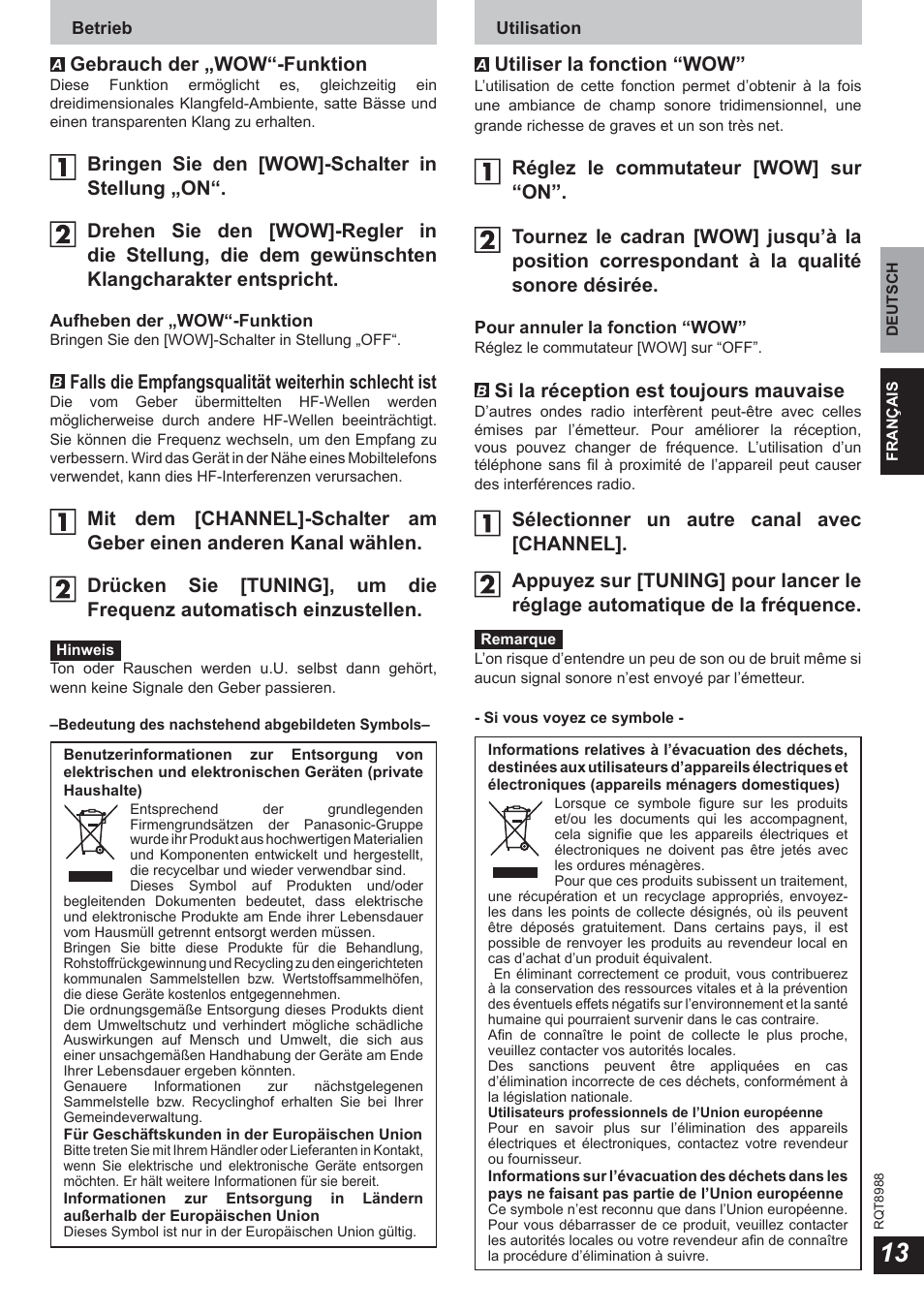 Gebrauch der „wow“-funktion, Falls die empfangsqualität weiterhin schlecht ist, Utiliser la fonction “wow | Si la réception est toujours mauvaise | Panasonic RPWF940 User Manual | Page 13 / 80