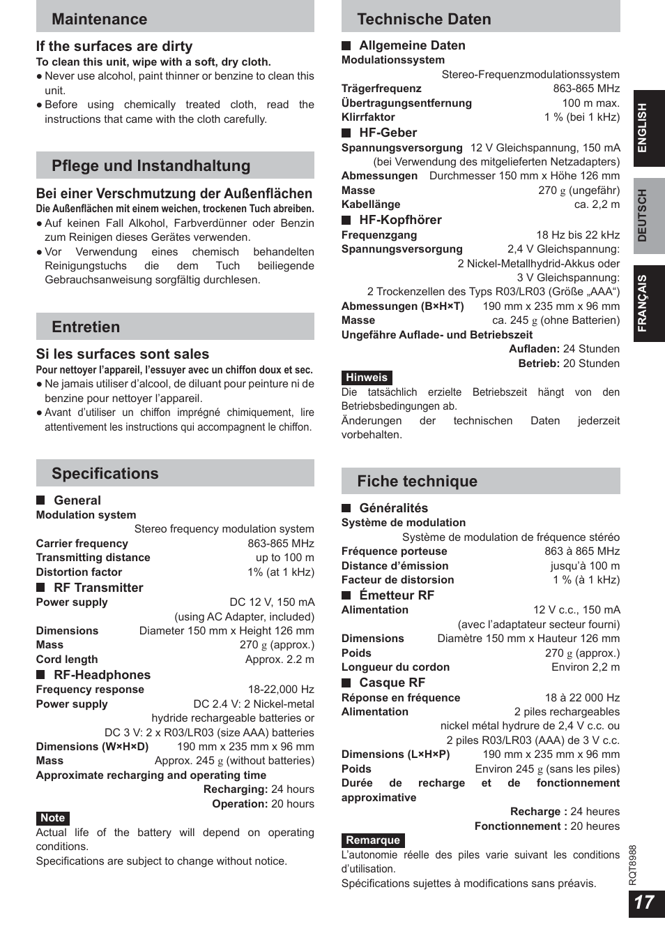 Maintenance, Pfl ege und instandhaltung, Entretien | Specifi cations, Technische daten, Fiche technique, If the surfaces are dirty, Bei einer verschmutzung der außenfl ächen, Si les surfaces sont sales | Panasonic RPWF940 User Manual | Page 17 / 80