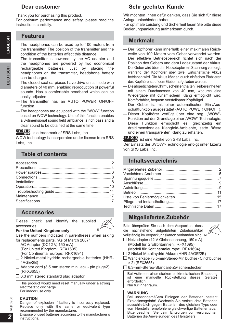 Panasonic RPWF940 User Manual | Page 2 / 80