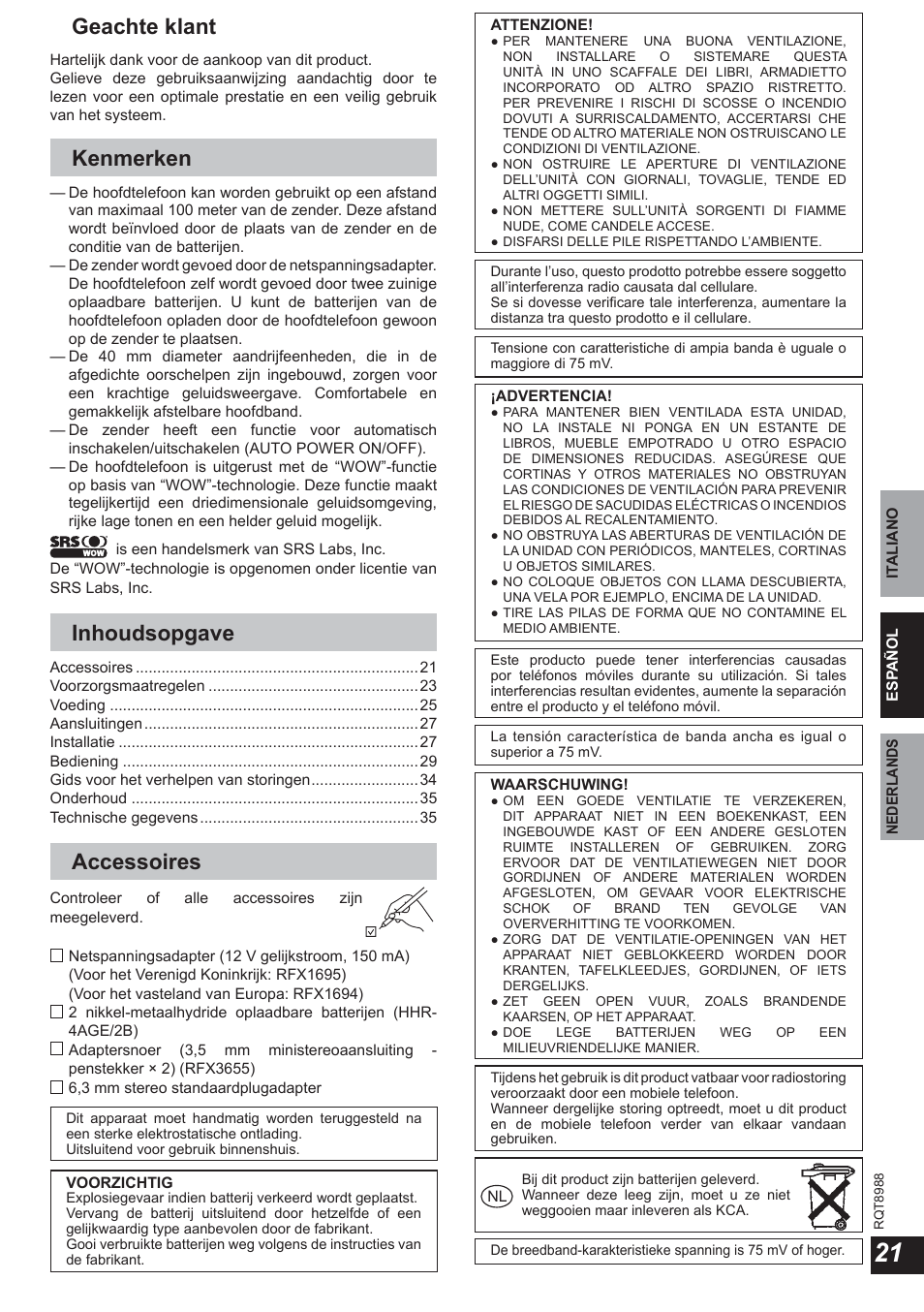 Geachte klant, Kenmerken, Inhoudsopgave | Accessoires | Panasonic RPWF940 User Manual | Page 21 / 80