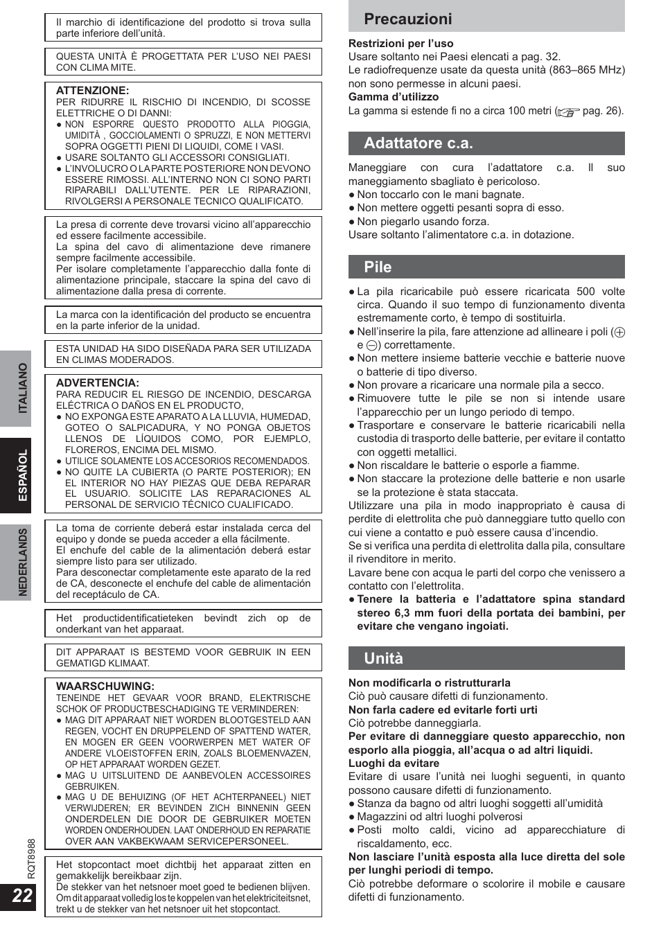 Precauzioni, Adattatore c.a, Pile | Unità | Panasonic RPWF940 User Manual | Page 22 / 80