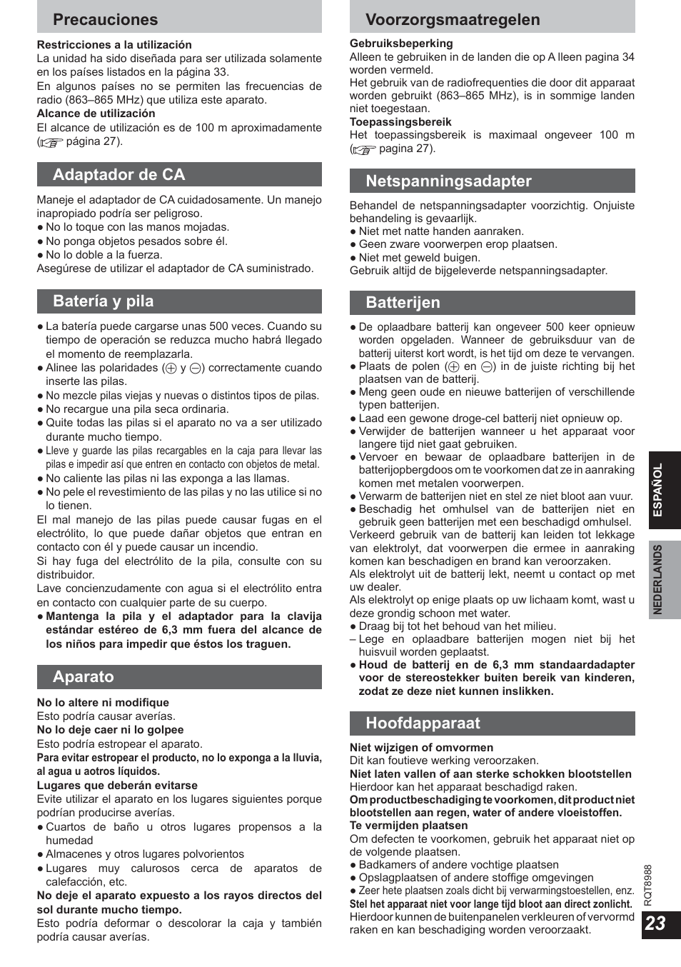 Precauciones, Adaptador de ca, Batería y pila | Aparato, Voorzorgsmaatregelen, Netspanningsadapter, Batterijen, Hoofdapparaat | Panasonic RPWF940 User Manual | Page 23 / 80