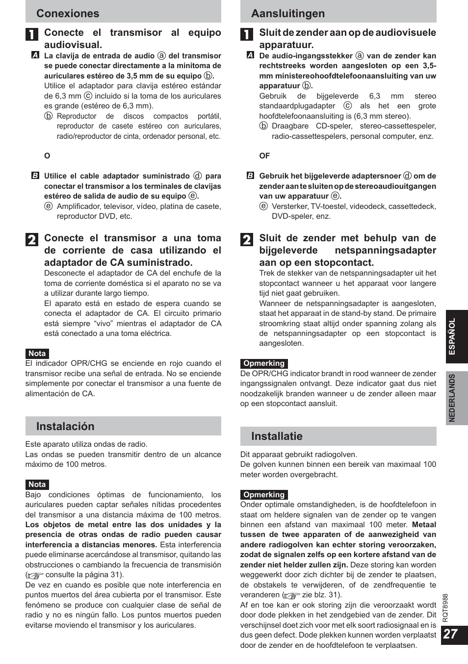 Conexiones, Instalación, Aansluitingen | Installatie, Conecte el transmisor al equipo audiovisual, Sluit de zender aan op de audiovisuele apparatuur | Panasonic RPWF940 User Manual | Page 27 / 80