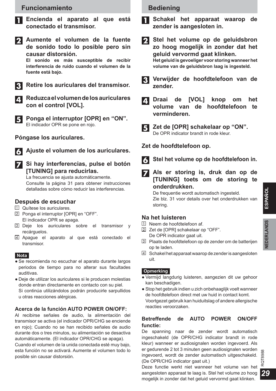 Funcionamiento, Bediening | Panasonic RPWF940 User Manual | Page 29 / 80