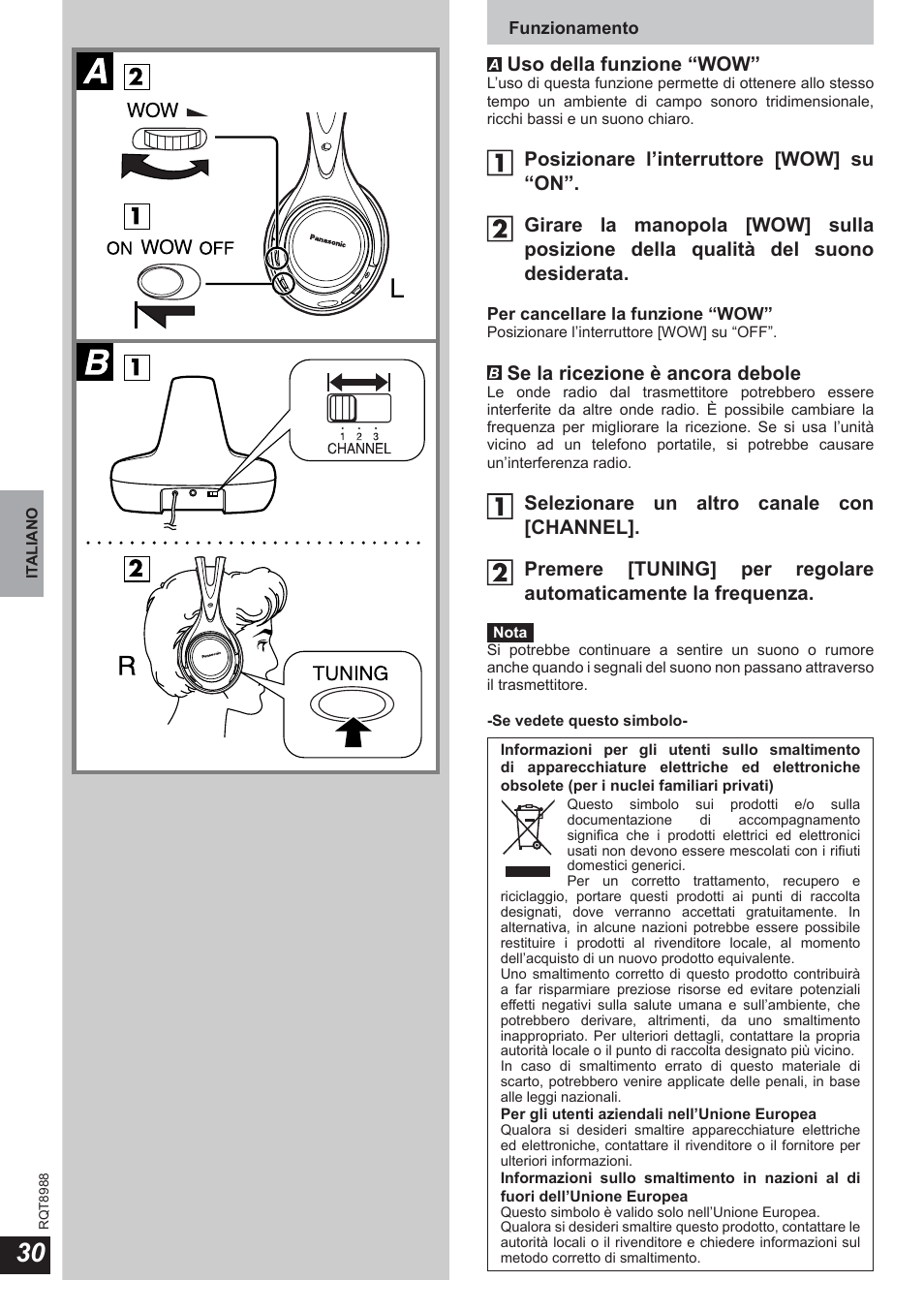 Uso della funzione “wow, Se la ricezione è ancora debole | Panasonic RPWF940 User Manual | Page 30 / 80