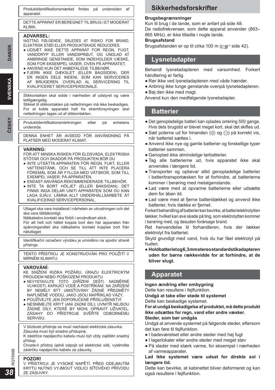 Sikkerhedsforskrifter, Lysnetadapter, Batterier | Apparatet | Panasonic RPWF940 User Manual | Page 38 / 80