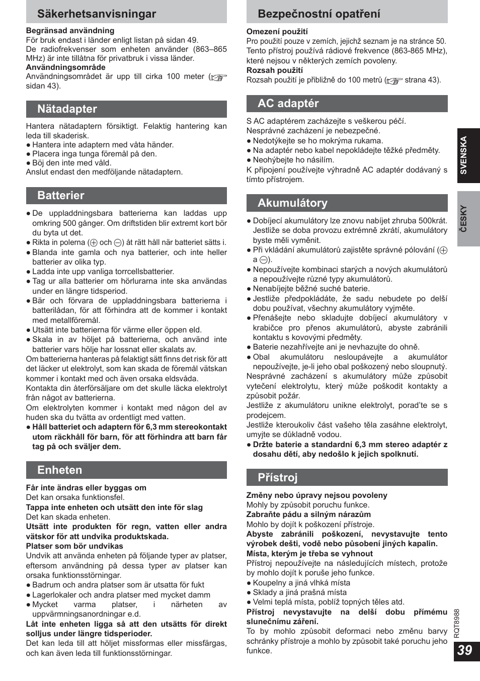 Säkerhetsanvisningar, Nätadapter, Batterier | Enheten, Bezpečnostní opatření, Ac adaptér, Akumulátory, Přístroj | Panasonic RPWF940 User Manual | Page 39 / 80