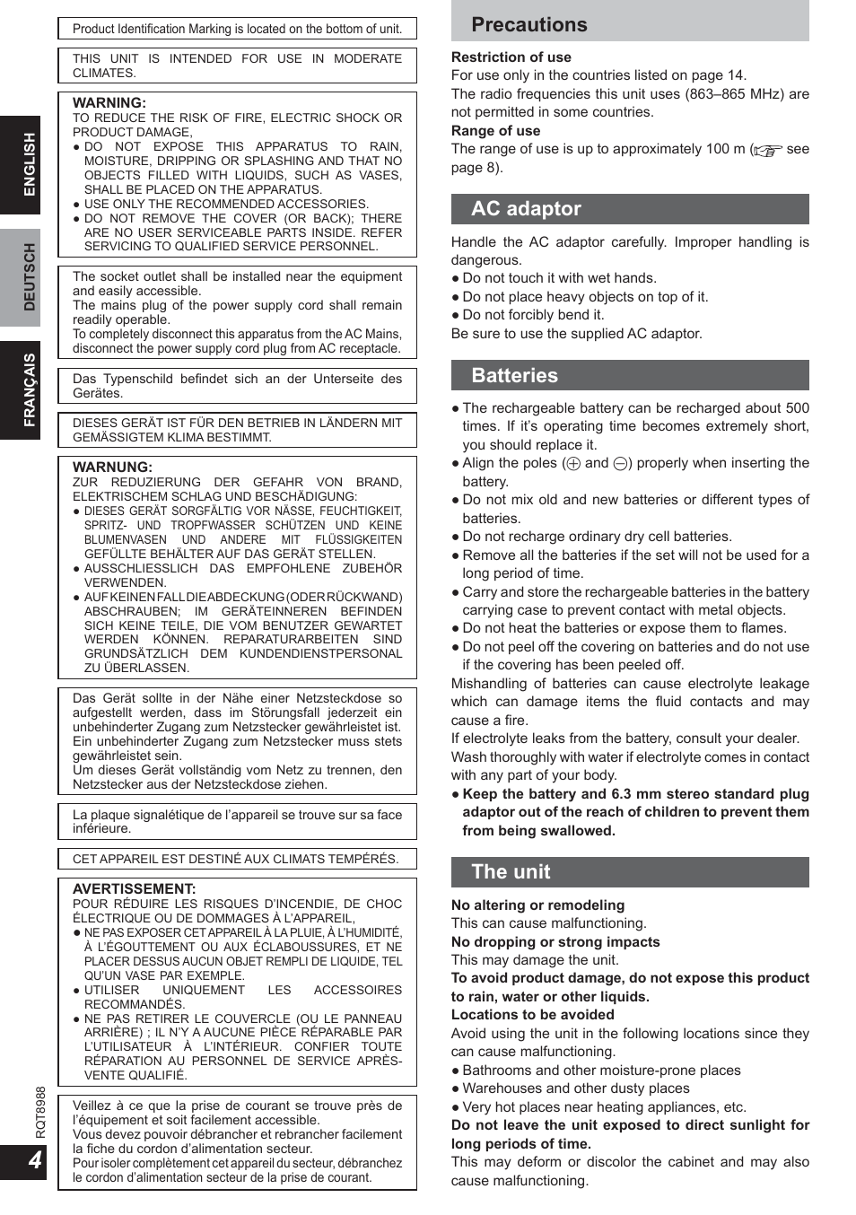 Precautions, Ac adaptor, Batteries | The unit | Panasonic RPWF940 User Manual | Page 4 / 80