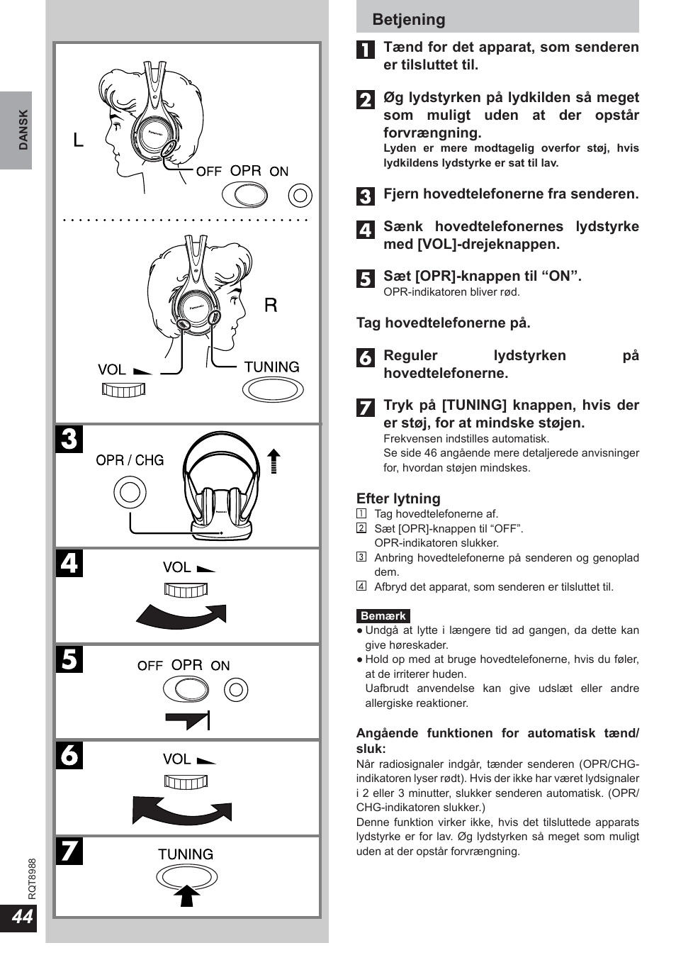 Betjening | Panasonic RPWF940 User Manual | Page 44 / 80