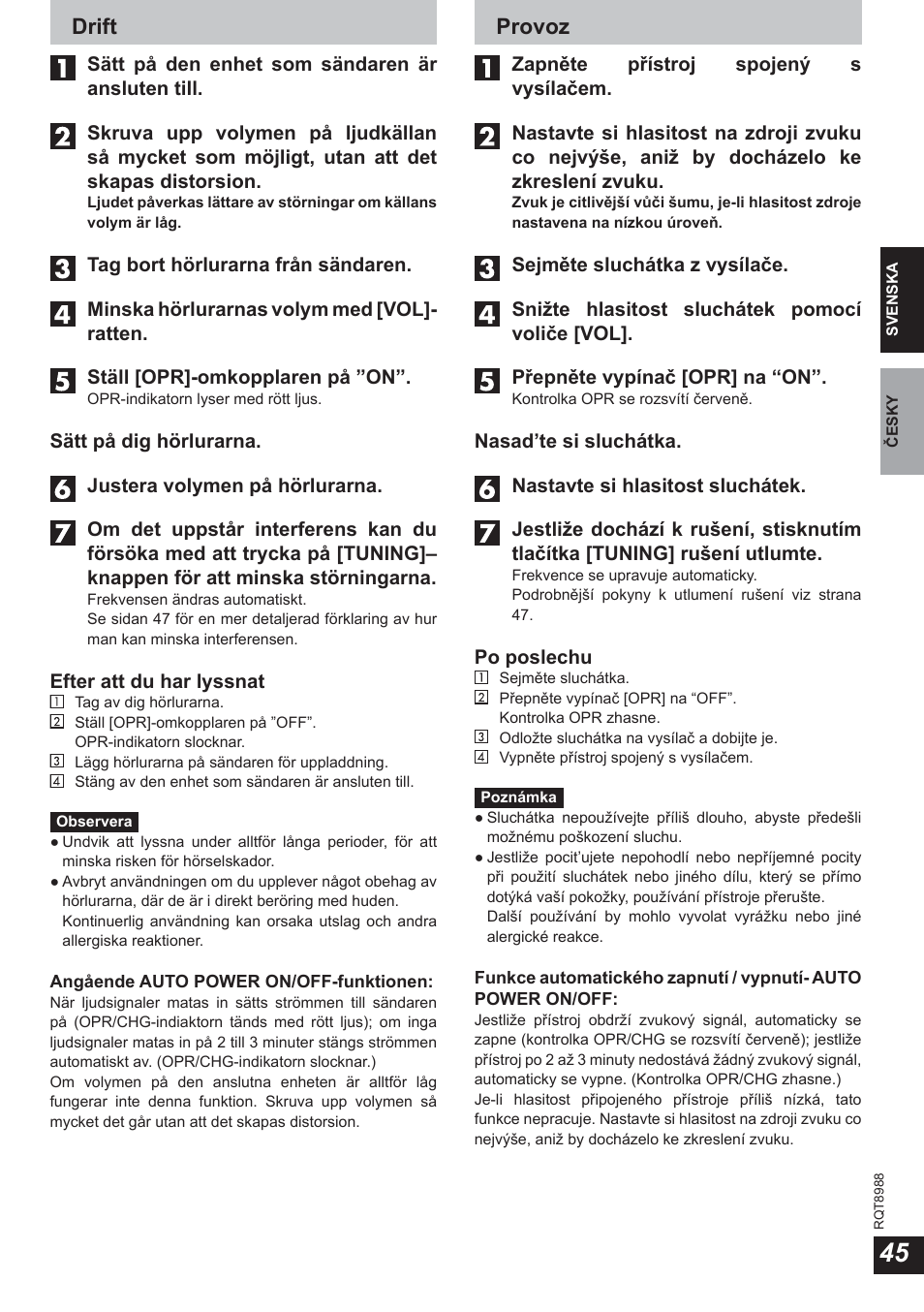 Drift, Provoz | Panasonic RPWF940 User Manual | Page 45 / 80