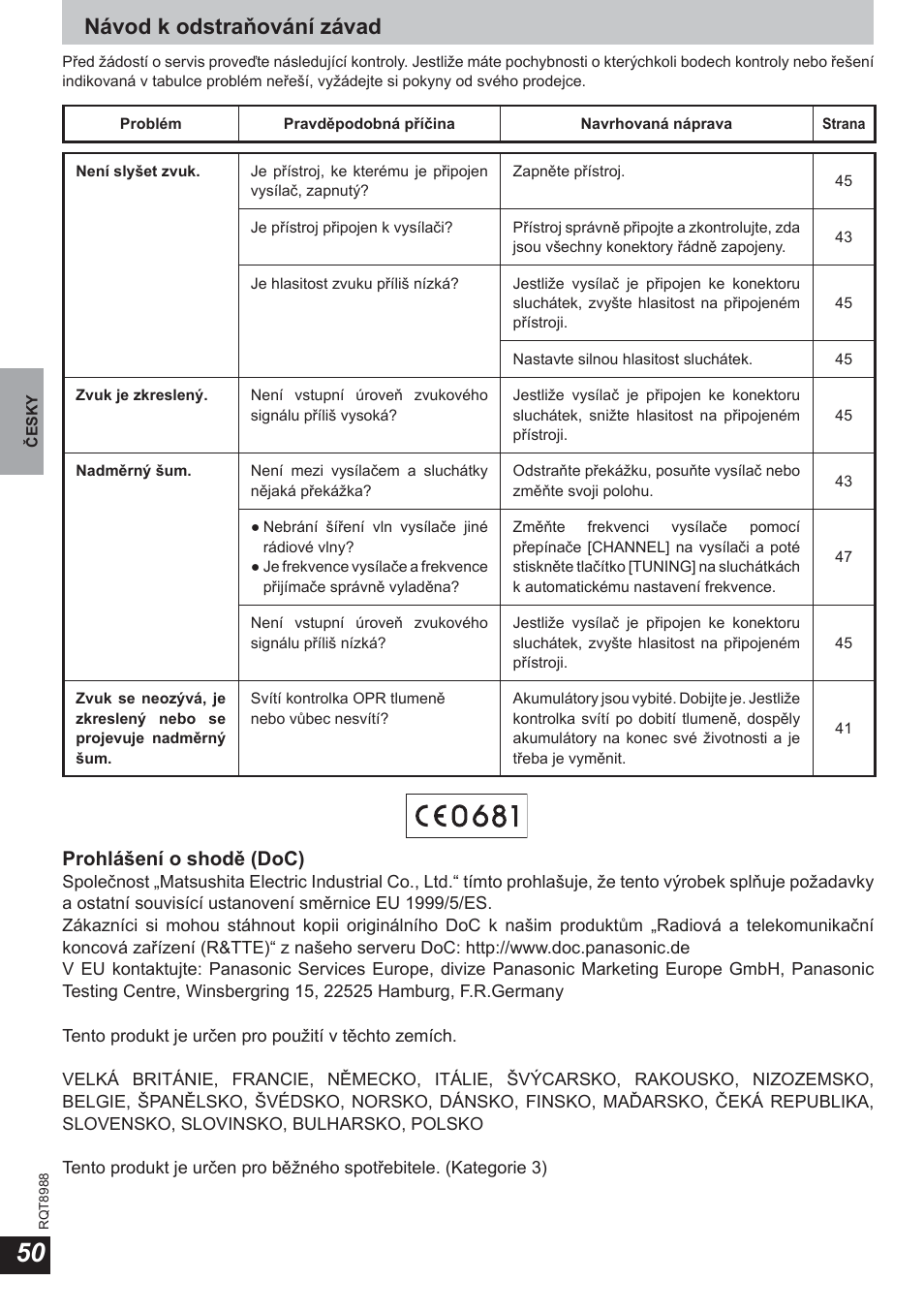 Návod k odstraňování závad, Prohlášení o shodě (doc) | Panasonic RPWF940 User Manual | Page 50 / 80