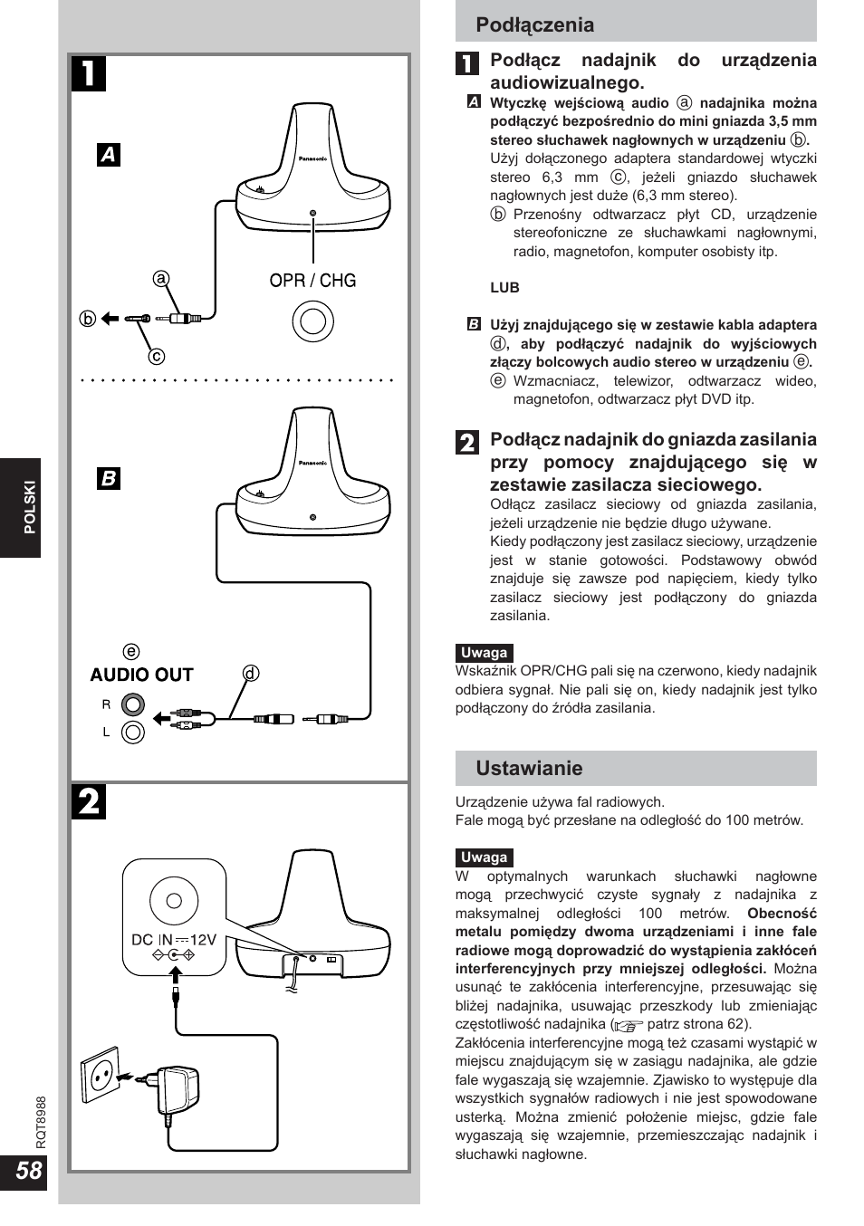 Podłączenia, Ustawianie | Panasonic RPWF940 User Manual | Page 58 / 80