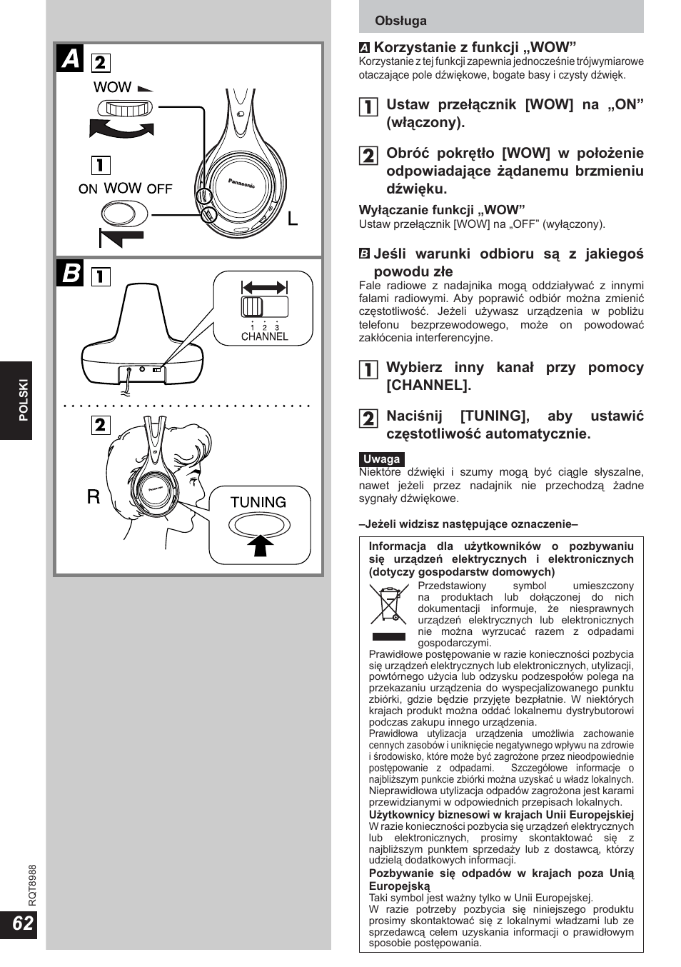 Korzystanie z funkcji „wow, Jeśli warunki odbioru są z jakiegoś powodu złe | Panasonic RPWF940 User Manual | Page 62 / 80