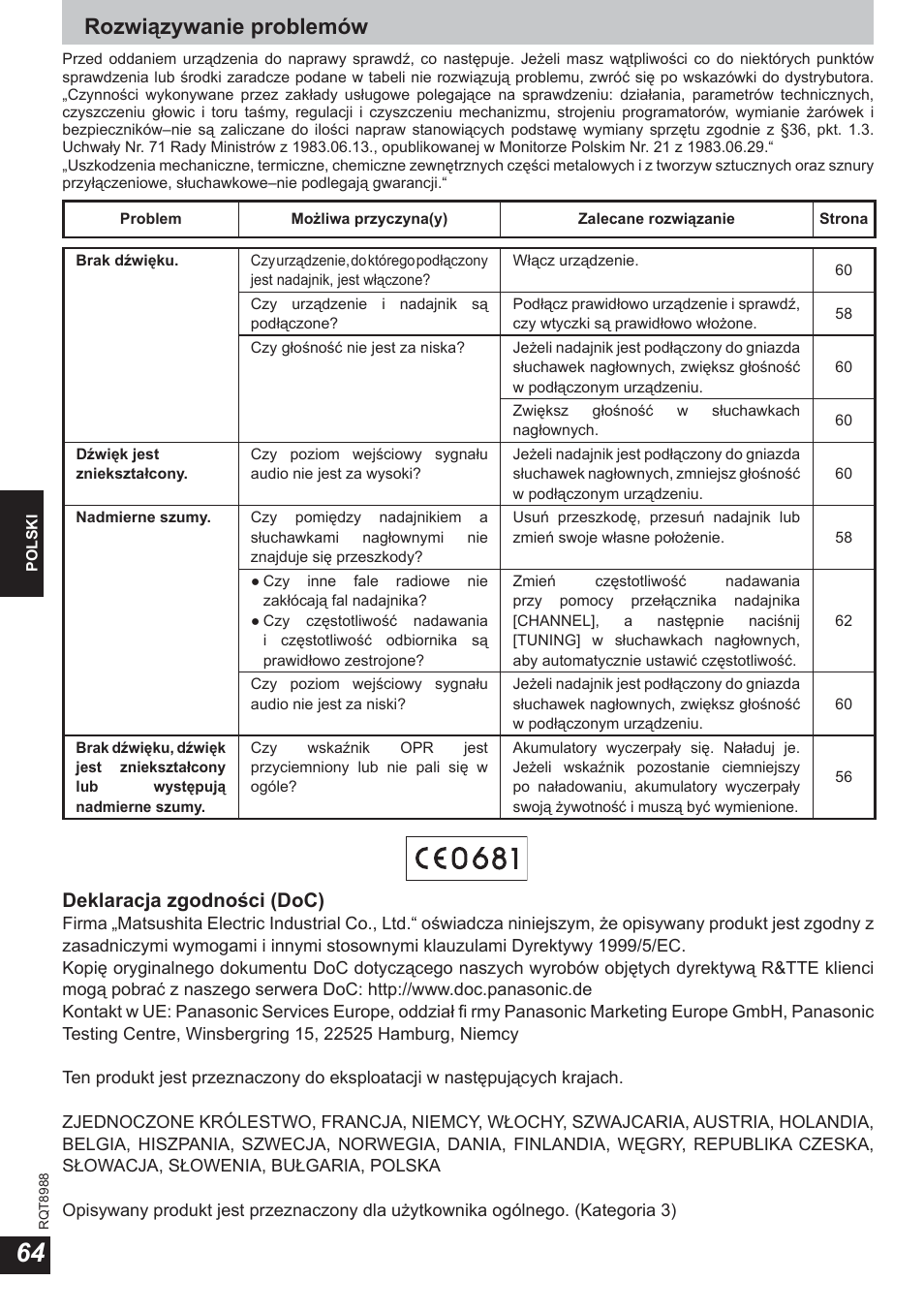 Rozwiązywanie problemów, Deklaracja zgodności (doc) | Panasonic RPWF940 User Manual | Page 64 / 80