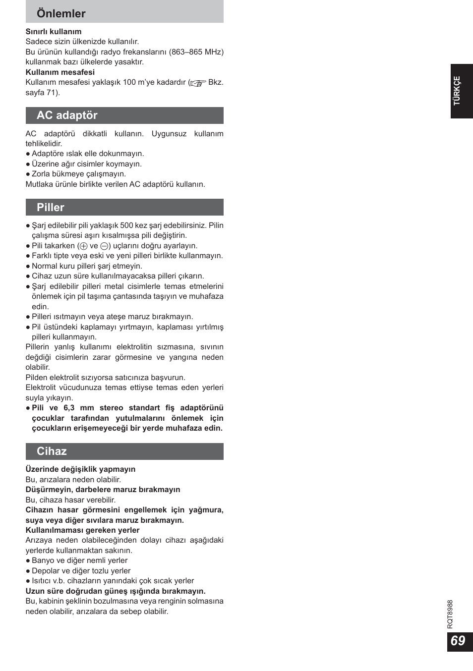 Önlemler, Ac adaptör, Piller | Cihaz | Panasonic RPWF940 User Manual | Page 69 / 80