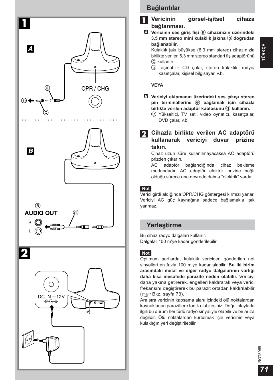 Bağlantılar, Yerleştirme | Panasonic RPWF940 User Manual | Page 71 / 80