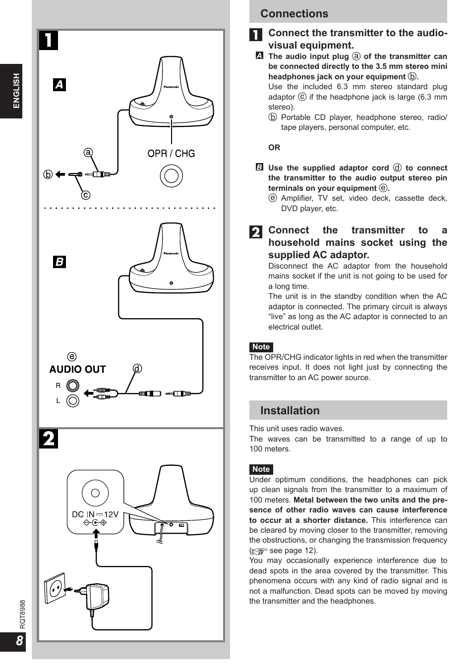 Connections, Installation | Panasonic RPWF940 User Manual | Page 8 / 80