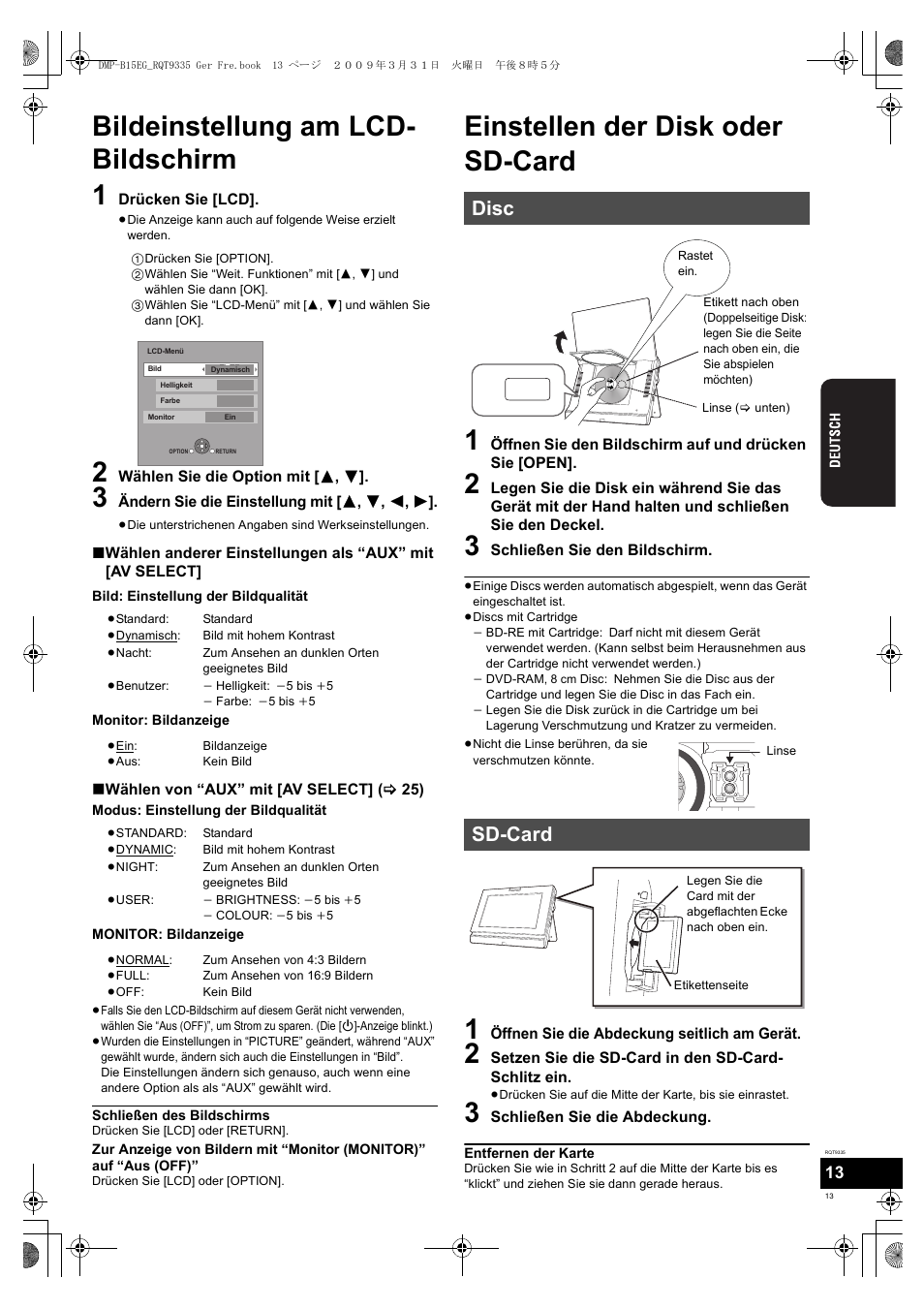 Bildeinstellung am lcd- bildschirm 1, Einstellen der disk oder sd-card 1, Disc sd-card | Panasonic DMPB15 User Manual | Page 13 / 100
