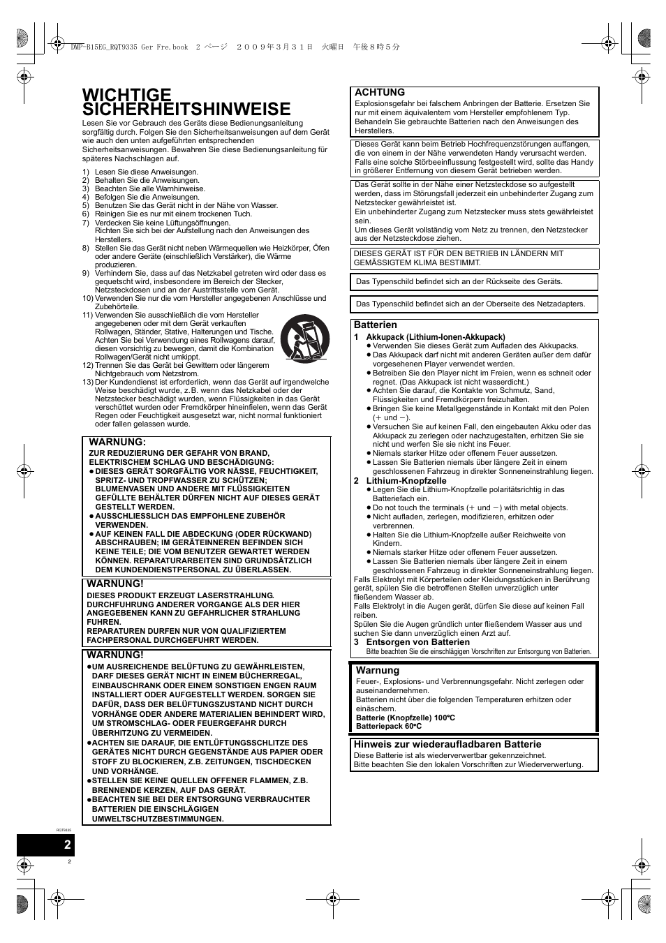 Wichtige sicherheitshinweise | Panasonic DMPB15 User Manual | Page 2 / 100