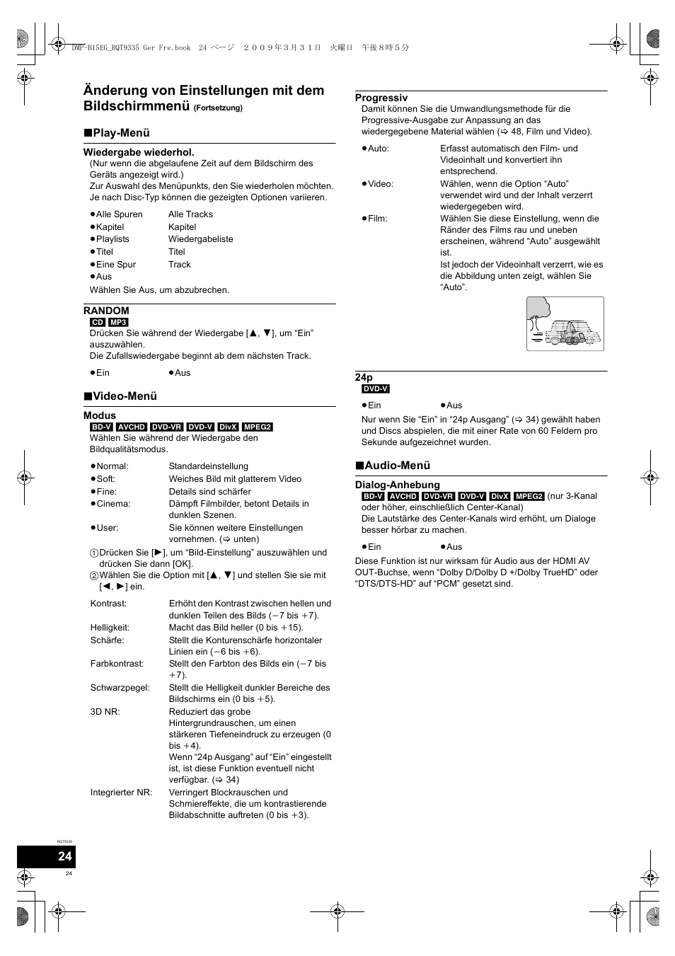 Änderung von einstellungen mit dem bildschirmmenü | Panasonic DMPB15 User Manual | Page 24 / 100