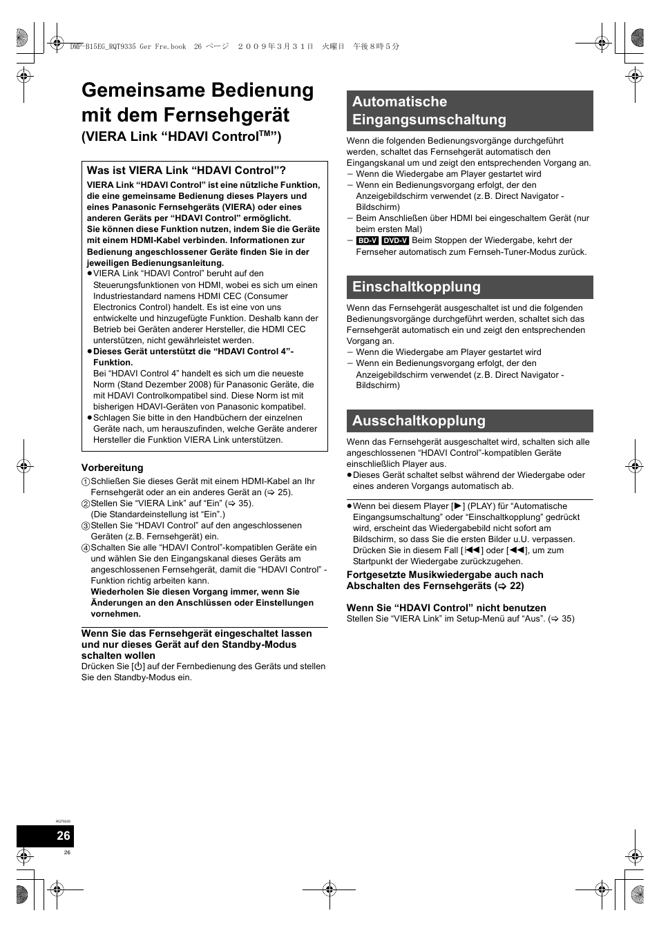 Gemeinsame bedienung mit dem fernsehgerät, Viera link “hdavi control | Panasonic DMPB15 User Manual | Page 26 / 100
