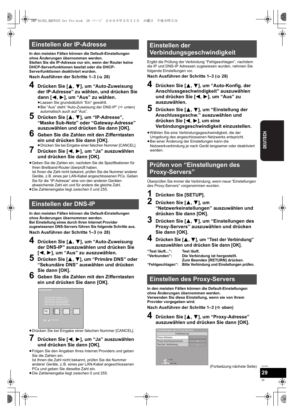 Einstellen der ip-adresse einstellen der dns-ip | Panasonic DMPB15 User Manual | Page 29 / 100