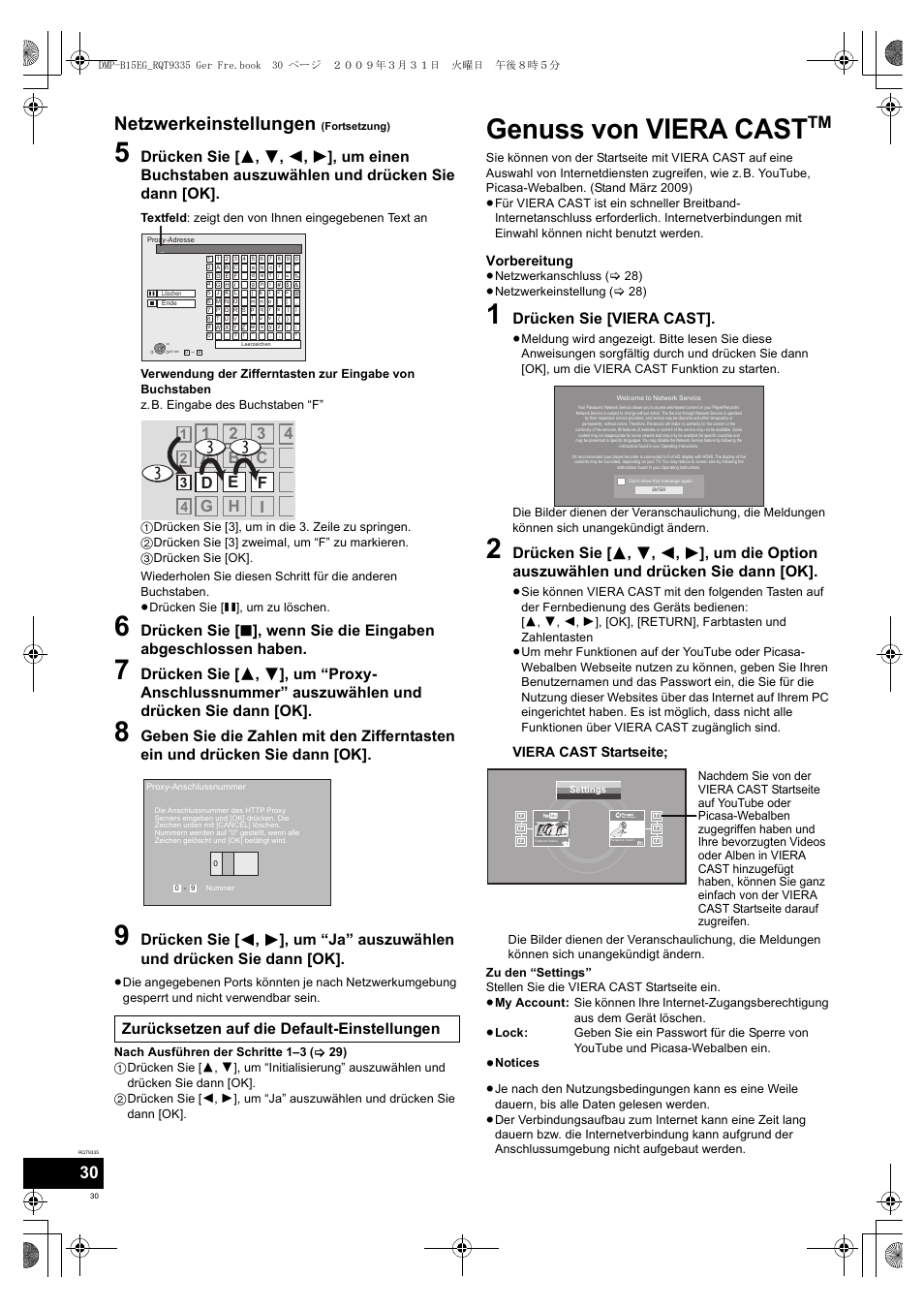 Genuss von viera cast, Netzwerkeinstellungen, Drücken sie [viera cast | Zurücksetzen auf die default-einstellungen, Vorbereitung, Viera cast startseite | Panasonic DMPB15 User Manual | Page 30 / 100
