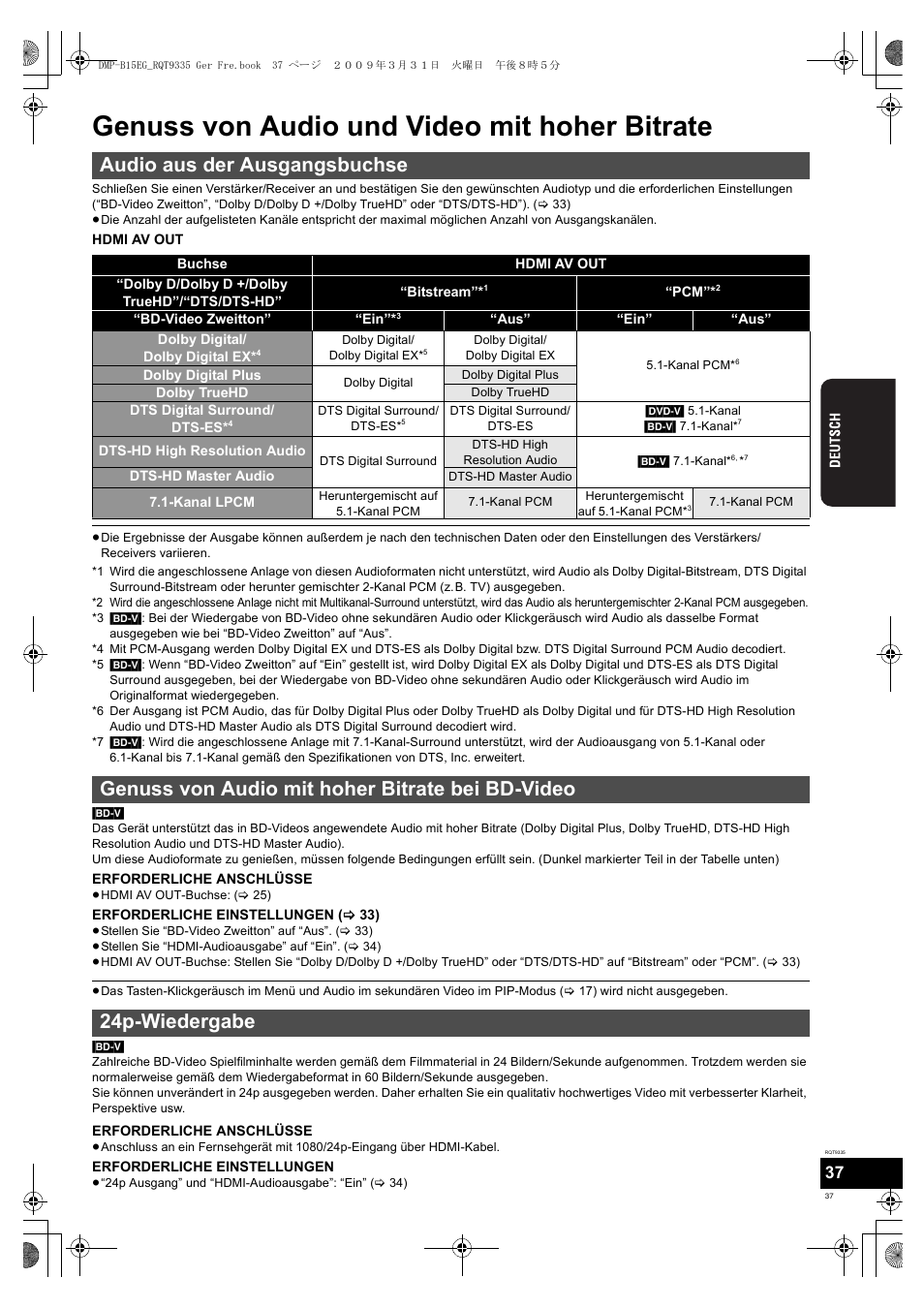 Genuss von audio und video mit hoher bitrate, Audio aus der ausgangsbuchse | Panasonic DMPB15 User Manual | Page 37 / 100