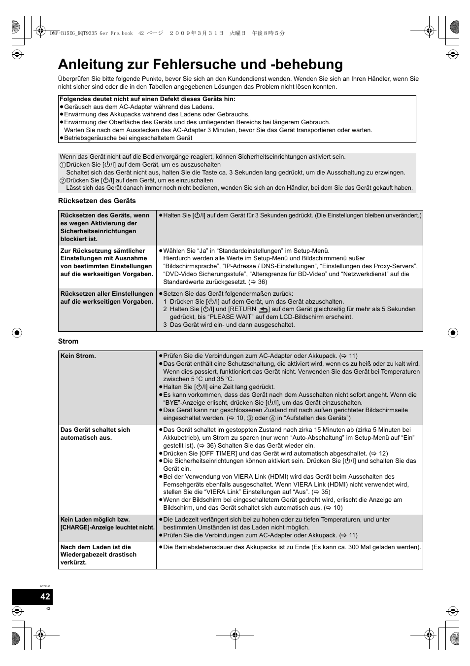 Anleitung zur fehlersuche und -behebung | Panasonic DMPB15 User Manual | Page 42 / 100