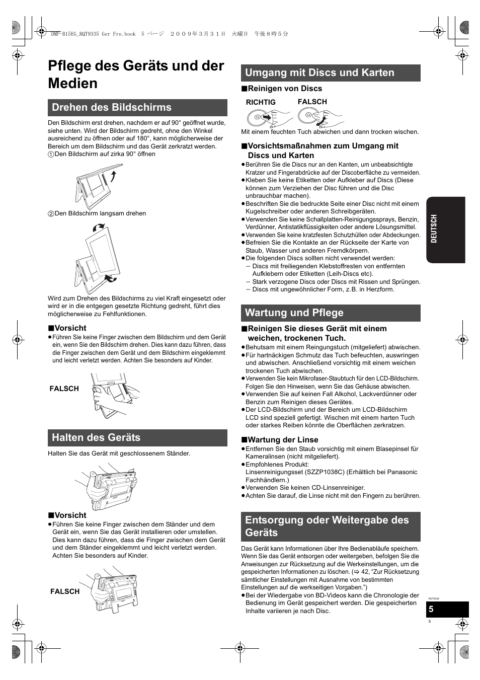 Pflege des geräts und der medien, Drehen des bildschirms halten des geräts | Panasonic DMPB15 User Manual | Page 5 / 100