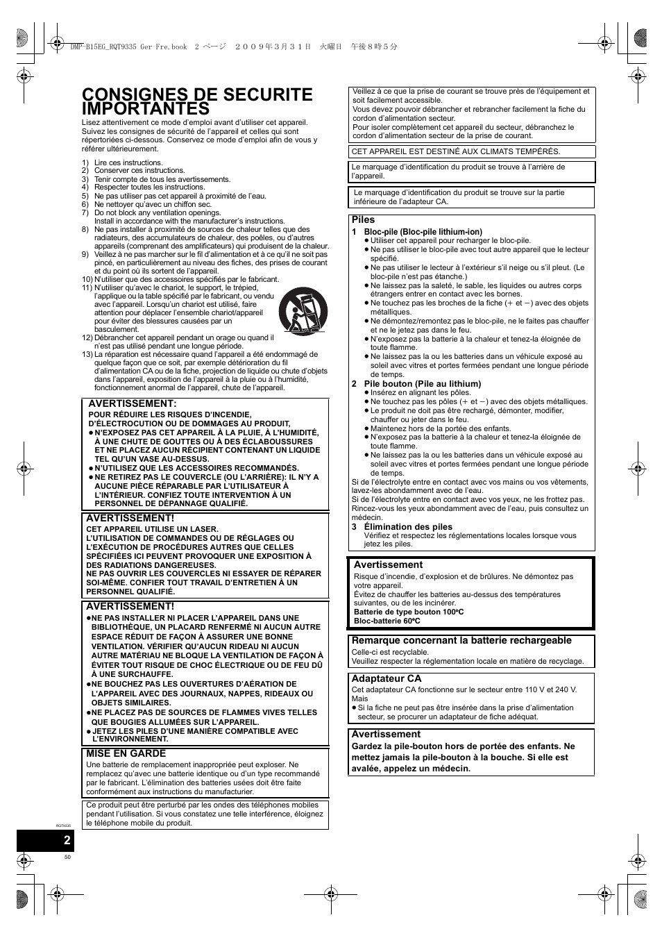 Consignes de securite importantes | Panasonic DMPB15 User Manual | Page 50 / 100