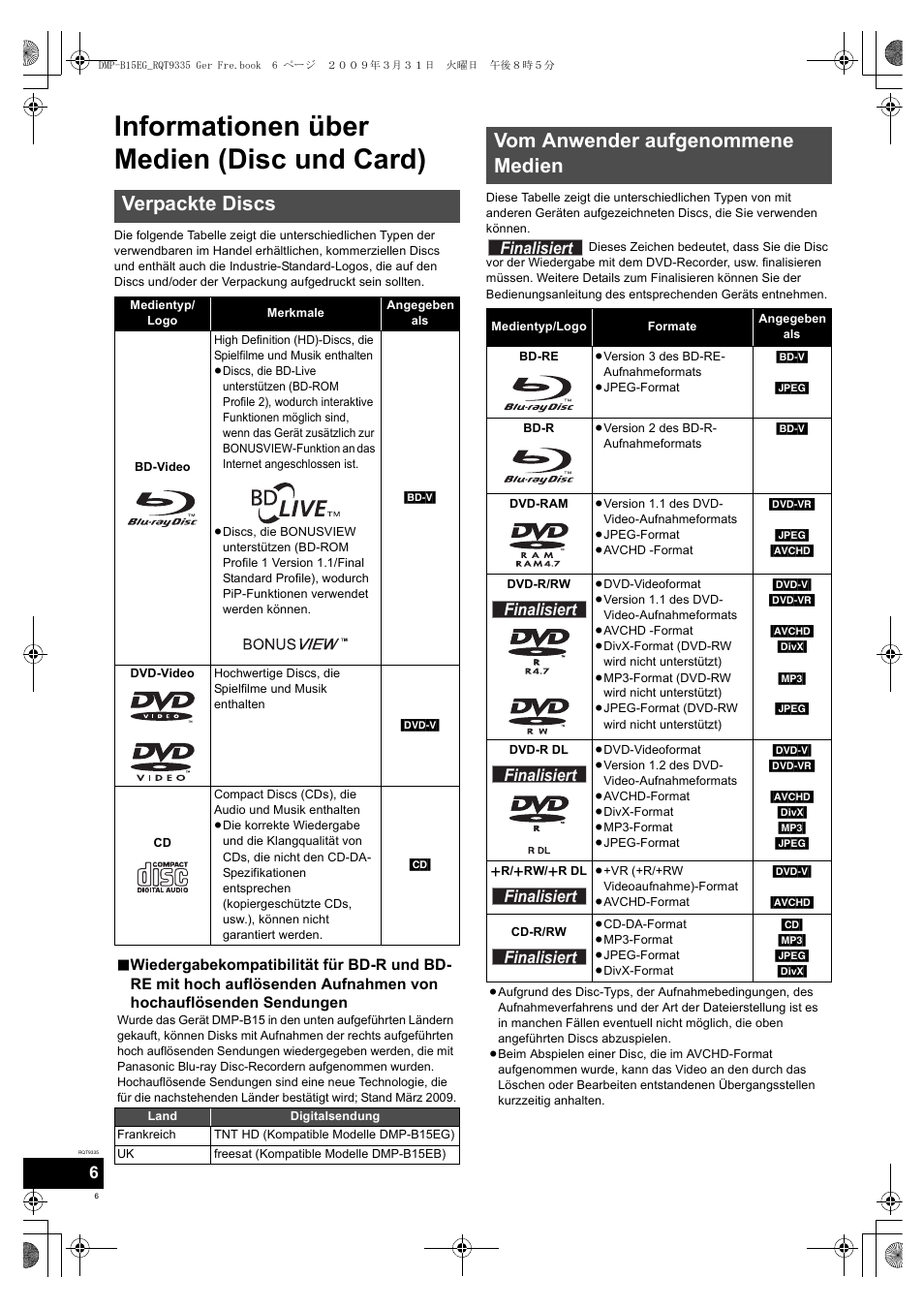 Informationen über medien (disc und card), Verpackte discs, Vom anwender aufgenommene medien | Finalisiert | Panasonic DMPB15 User Manual | Page 6 / 100