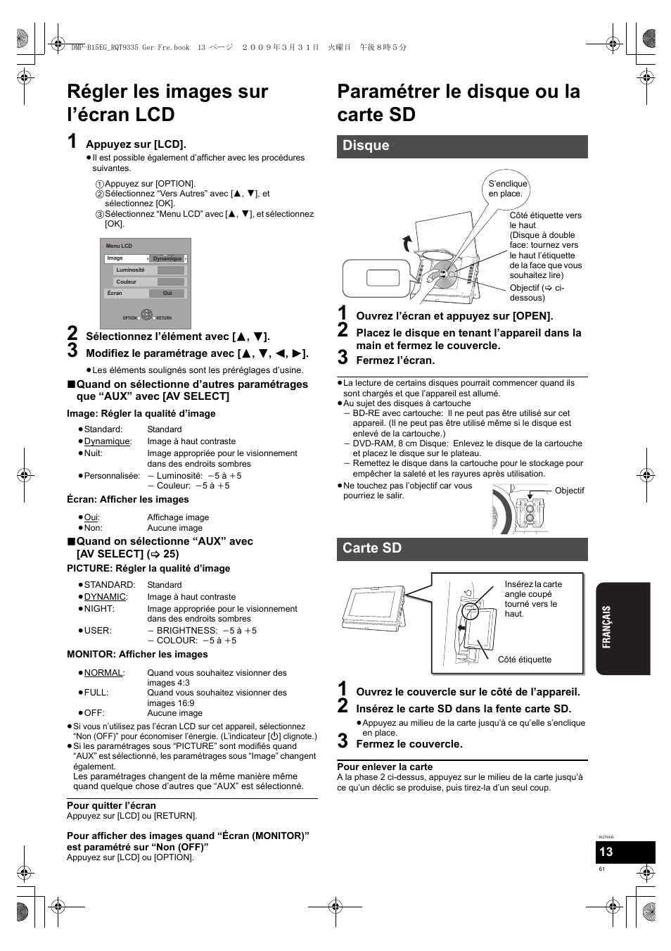 Régler les images sur l’écran lcd, Paramétrer le disque ou la carte sd, Disque carte sd | Panasonic DMPB15 User Manual | Page 61 / 100