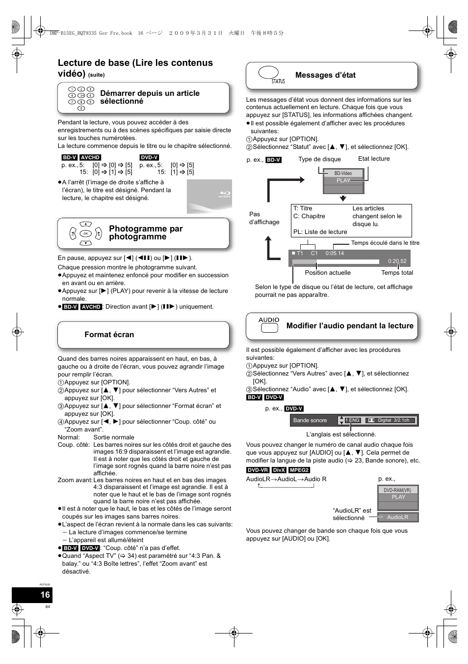 Lecture de base (lire les contenus vidéo), Photogramme par photogramme | Panasonic DMPB15 User Manual | Page 64 / 100