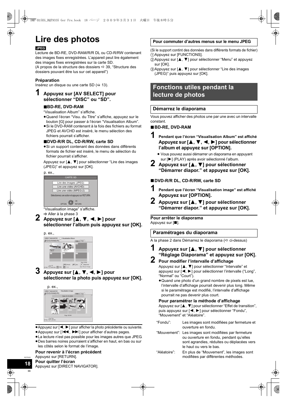 Lire des photos, Fonctions utiles pendant la lecture de photos, Appuyez sur [option | Démarrez le diaporama paramétrages du diaporama | Panasonic DMPB15 User Manual | Page 66 / 100