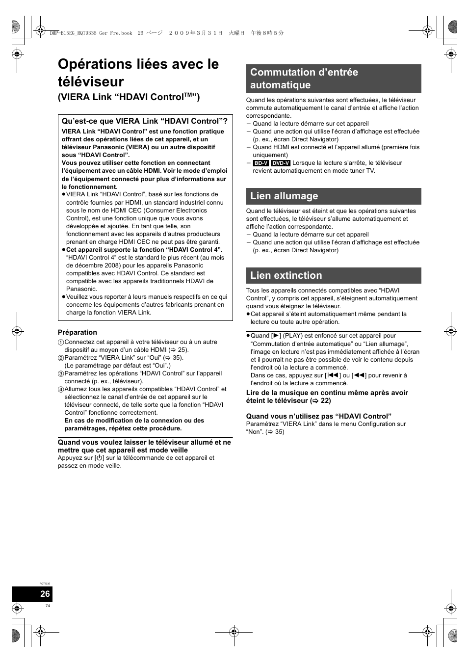 Opérations liées avec le téléviseur, Viera link “hdavi control | Panasonic DMPB15 User Manual | Page 74 / 100
