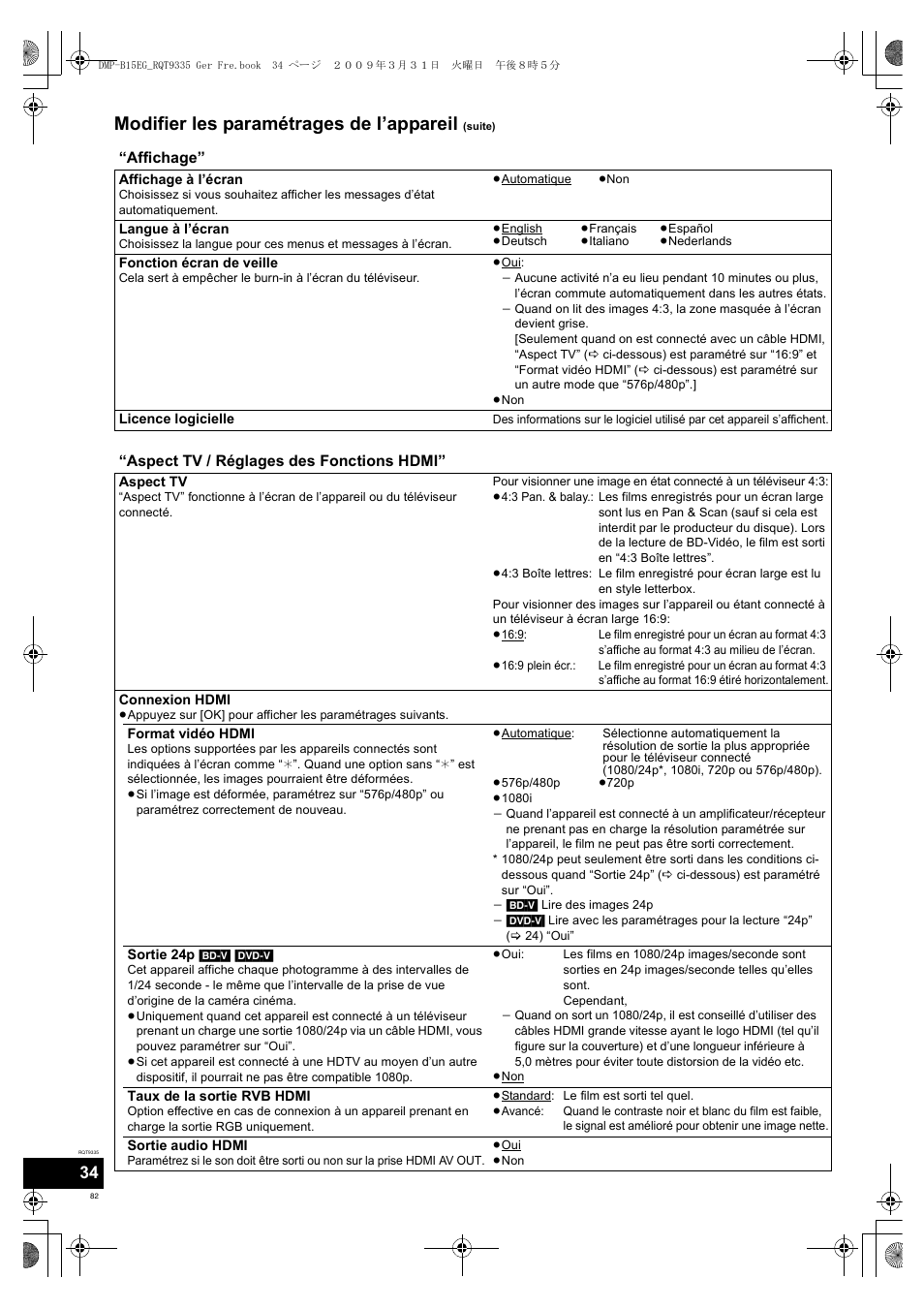 Modifier les paramétrages de l’appareil | Panasonic DMPB15 User Manual | Page 82 / 100