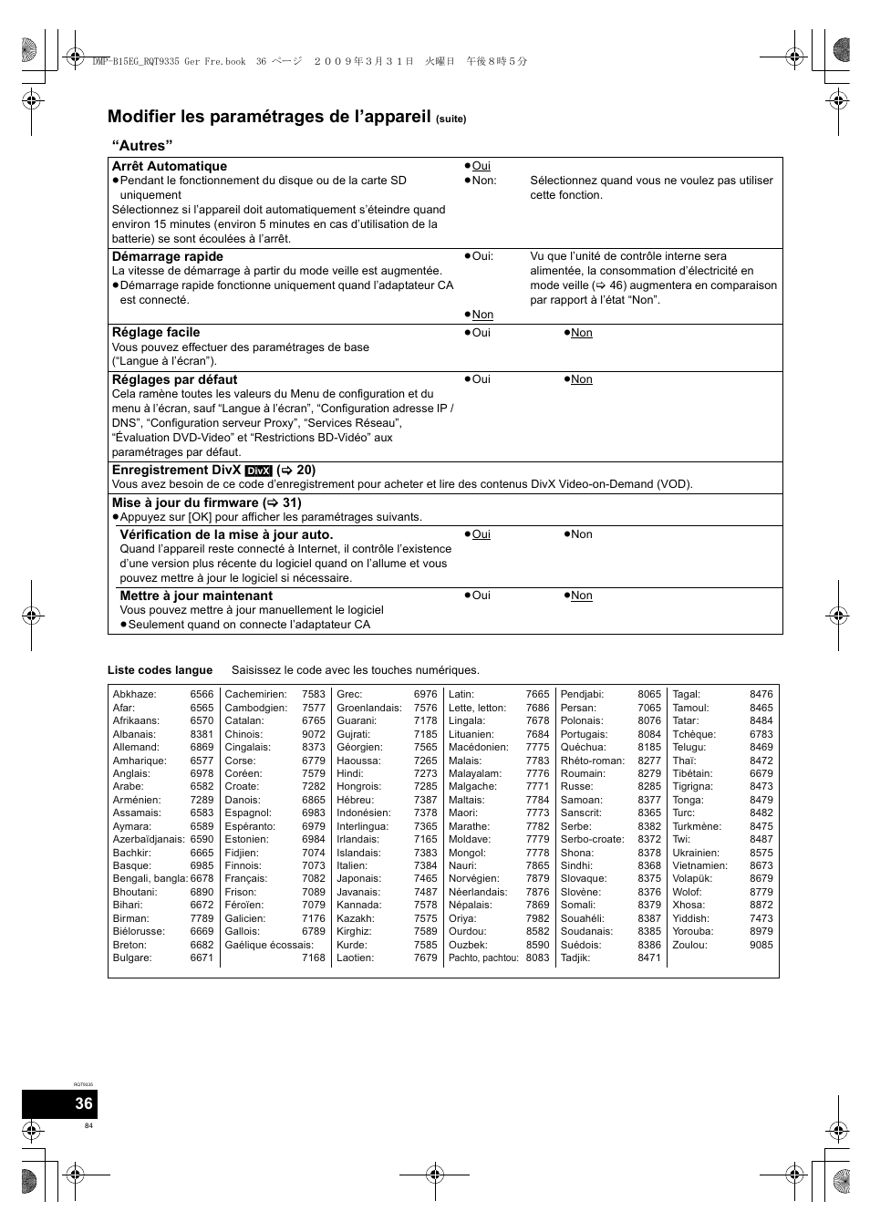 Modifier les paramétrages de l’appareil, Autres | Panasonic DMPB15 User Manual | Page 84 / 100