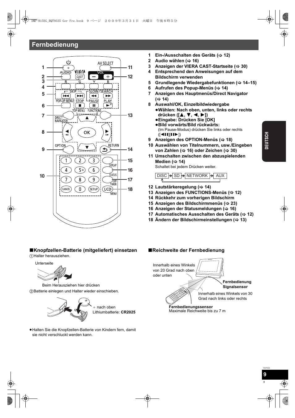Fernbedienung | Panasonic DMPB15 User Manual | Page 9 / 100