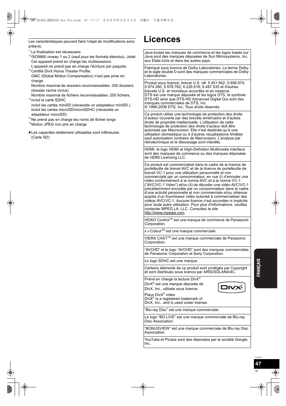 Licences | Panasonic DMPB15 User Manual | Page 95 / 100