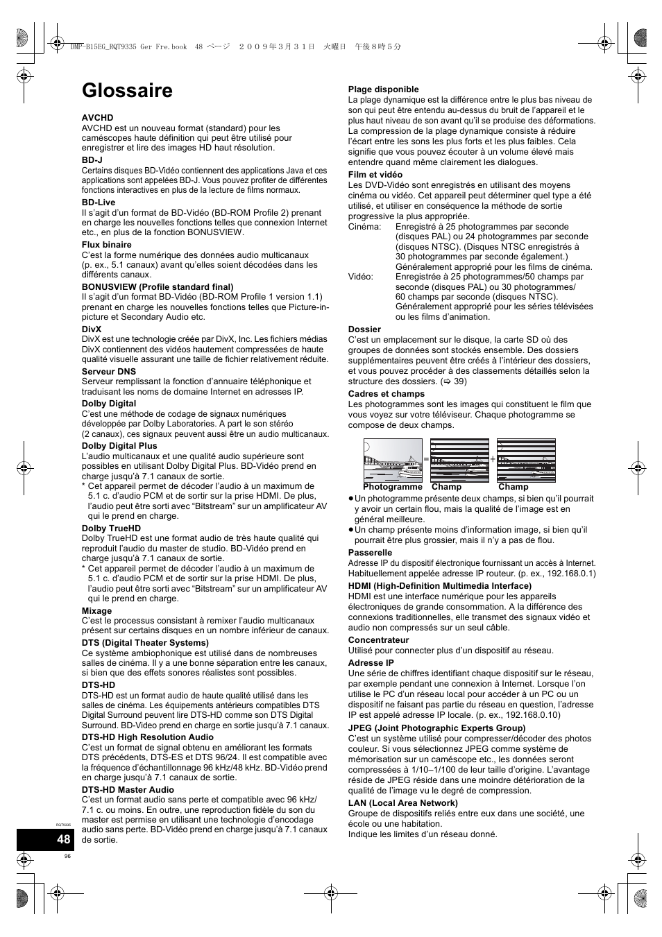 Glossaire | Panasonic DMPB15 User Manual | Page 96 / 100