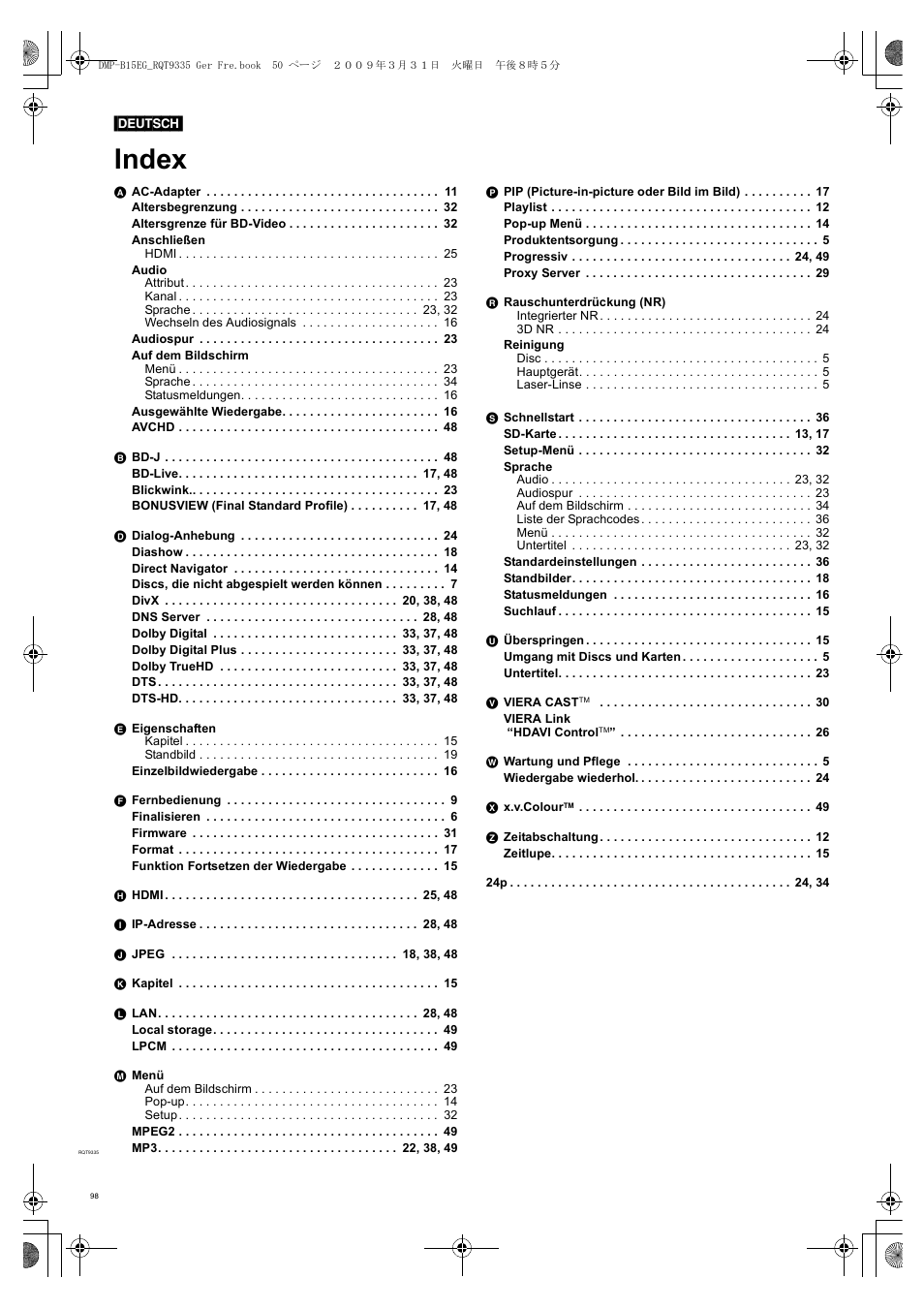 Index | Panasonic DMPB15 User Manual | Page 98 / 100