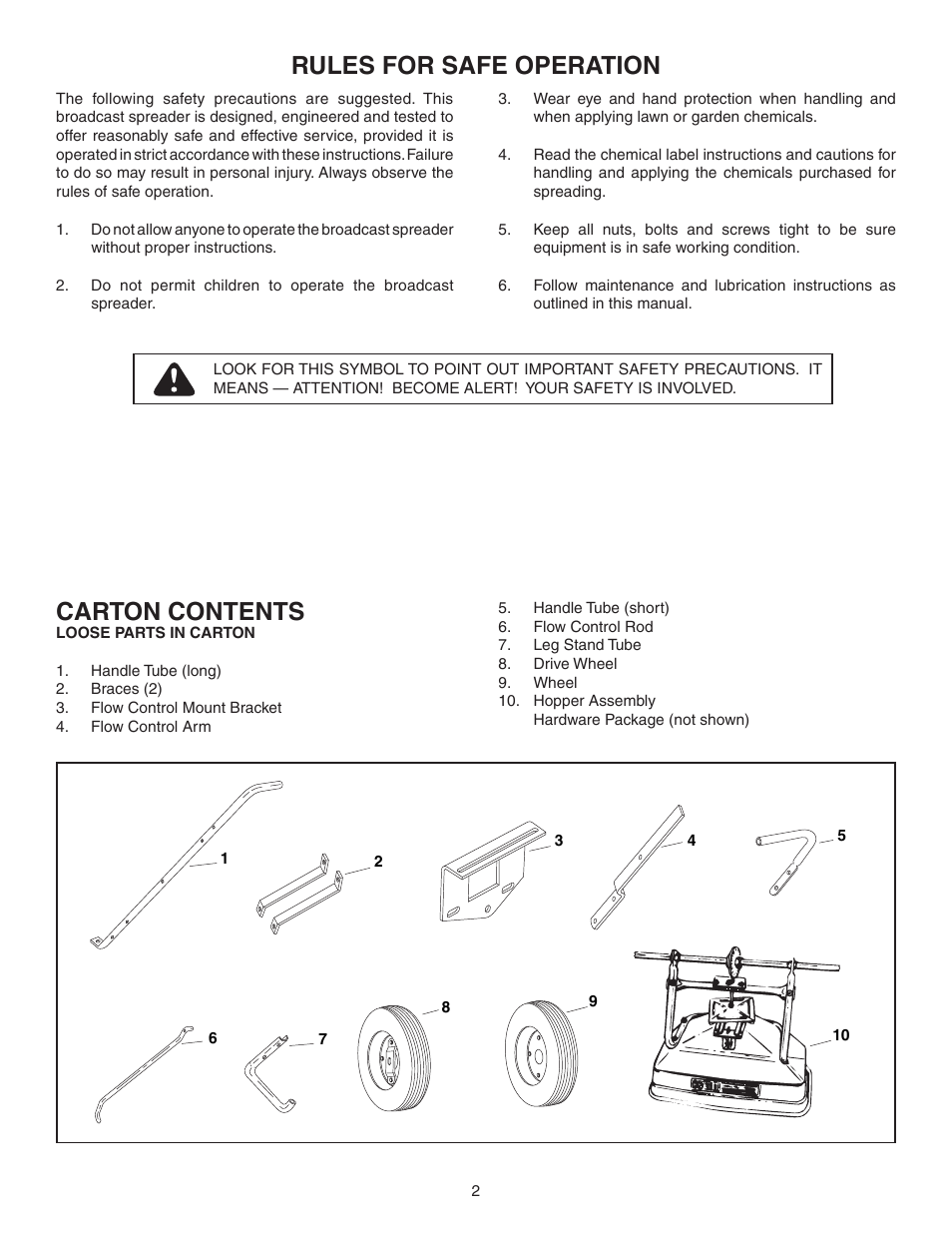 Rules for safe operation, Carton contents | Agri-Fab 45-02143 User Manual | Page 2 / 12