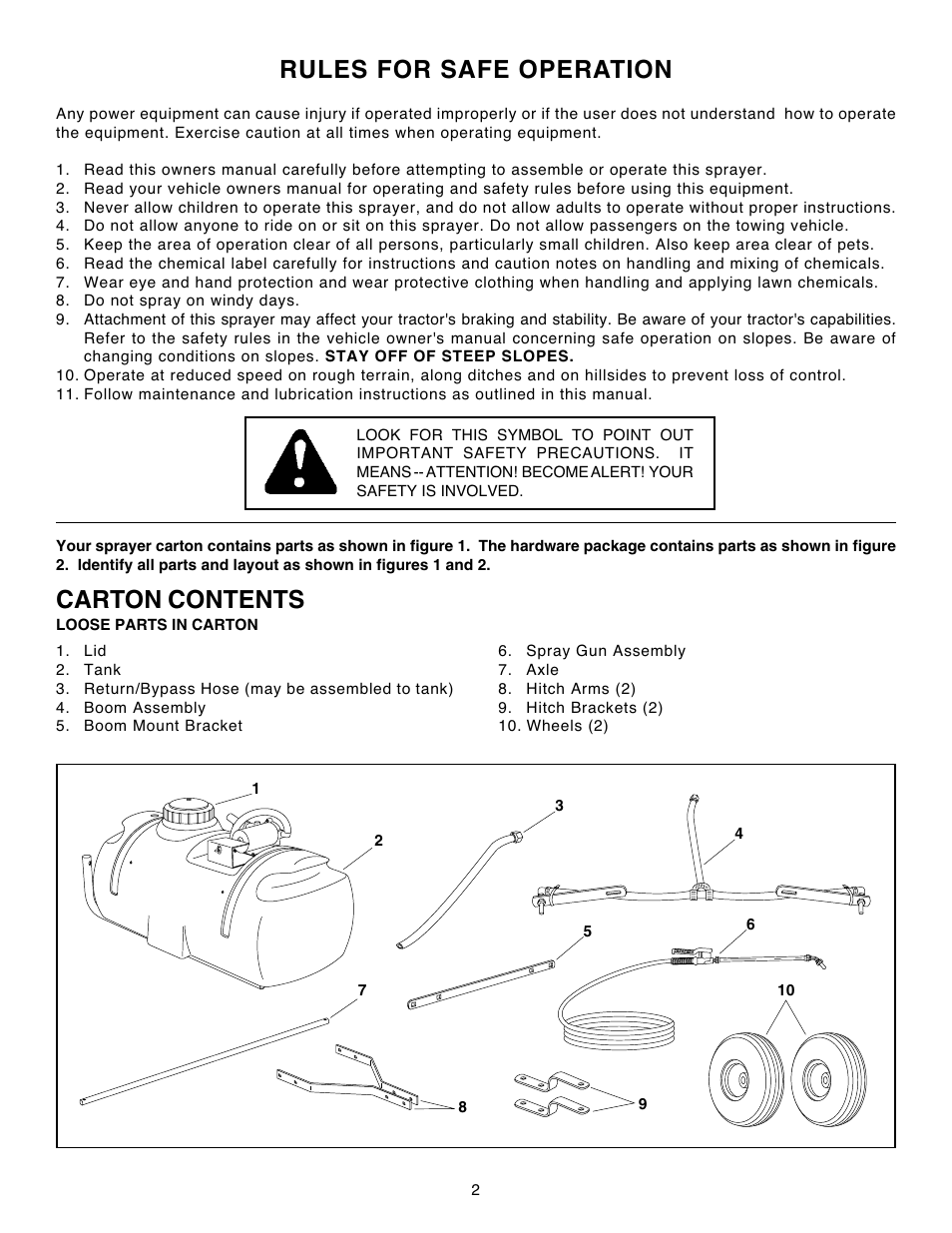 Rules for safe operation, Carton contents | Agri-Fab 45-02931 User Manual | Page 2 / 12