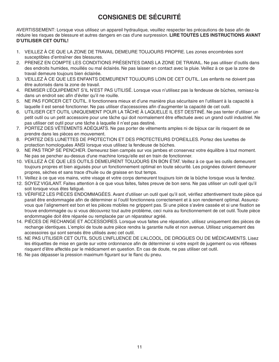 Consignes de sécurité | Agri-Fab 25-0126 User Manual | Page 11 / 16