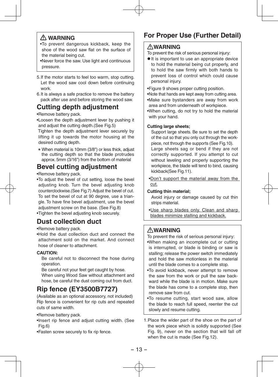 Cutting depth adjustment, Bevel cutting adjustment, Dust collection duct | For proper use (further detail) | Panasonic EY3551GQW User Manual | Page 13 / 120