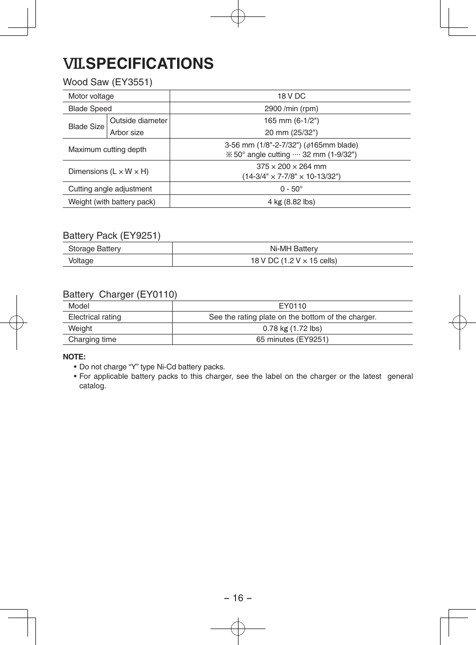 Specifications | Panasonic EY3551GQW User Manual | Page 16 / 120